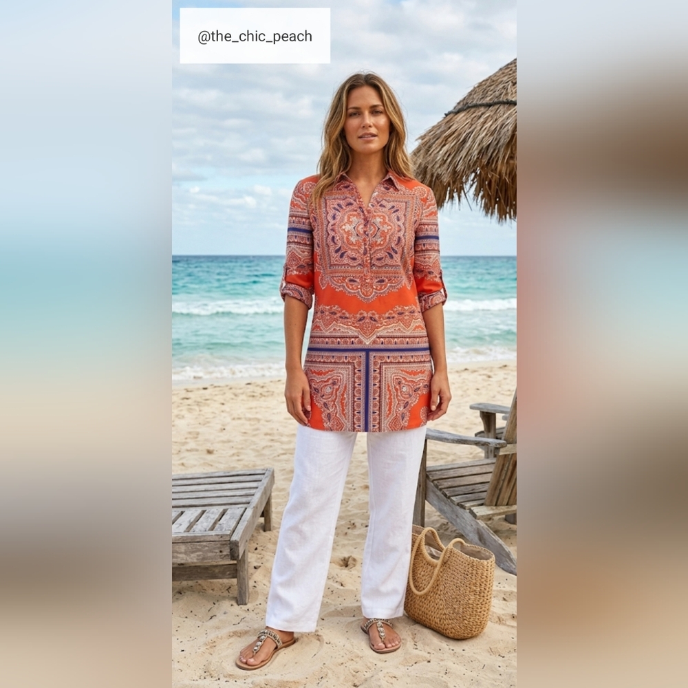 TAHARI NWT Coral Paisley Boho Roll-Tab Tunic | WRINKLE FREE